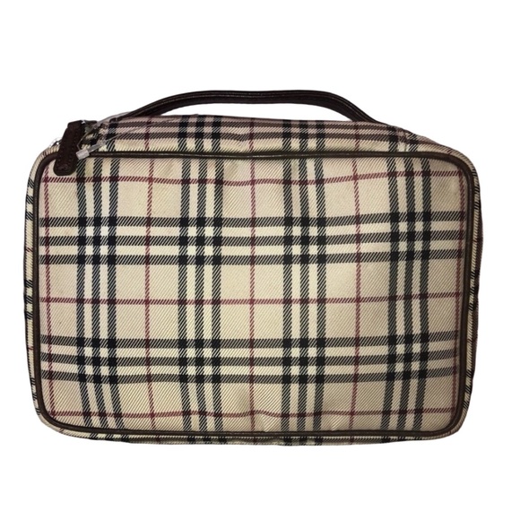 BURBERRY Cream & Red Haystack Plaid Toiletry Bag with Iconic Nova Check Pattern - Picture 1 of 16